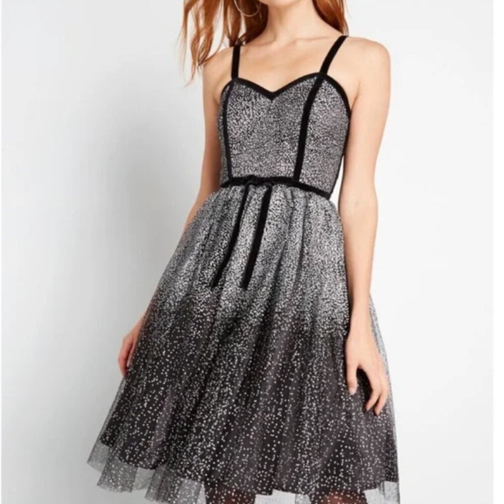 Modcloth Black and Silver Glitter Fit-and-Flare Prom Dress